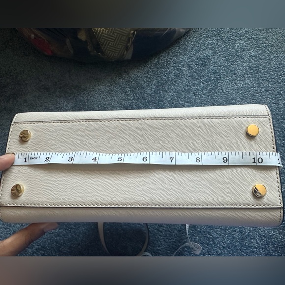 Michael Kors Carmen Small Saffiano Leather Belted Satchel Light Sand Beige - Picture 15 of 17